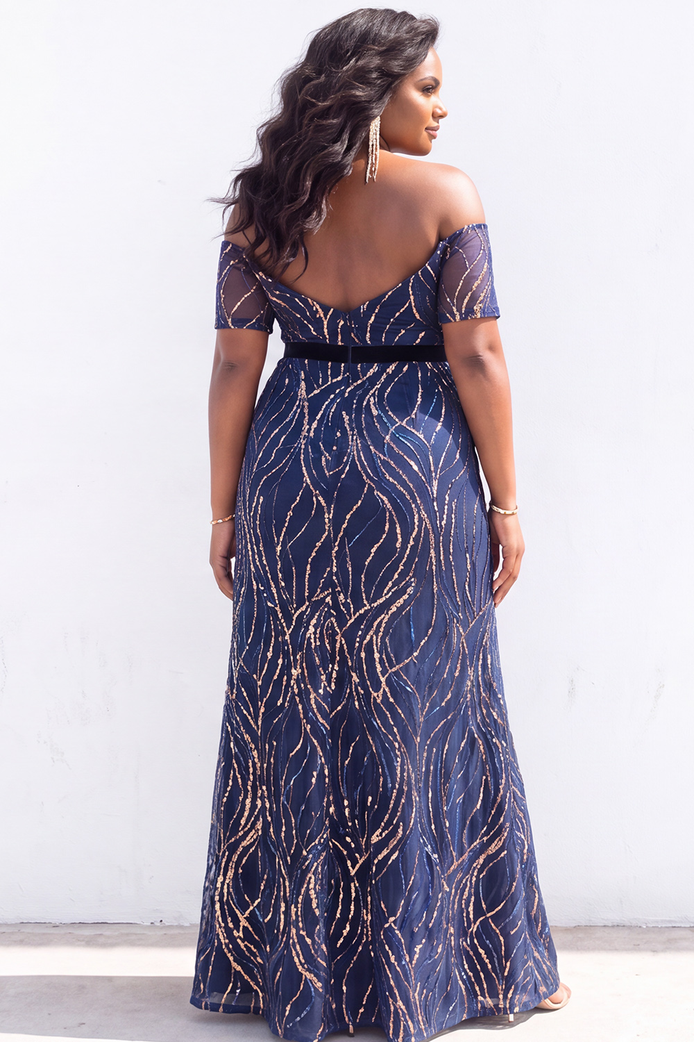 Blue Sequin Off the Shoulder Mermaid Plus Size Mother of the Bride Dress