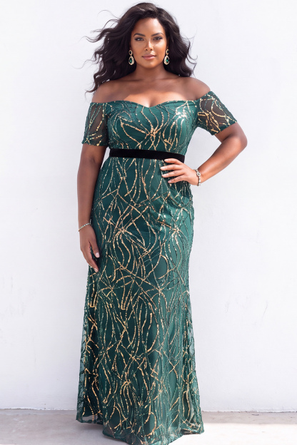 Blue Sequin Off the Shoulder Mermaid Plus Size Mother of the Bride Dress