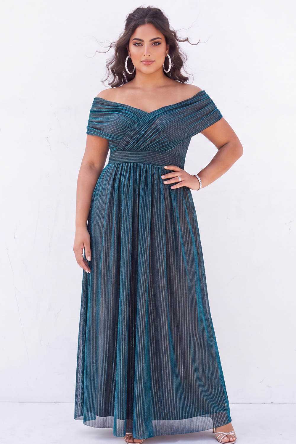 Off the Shoulder Blue A Line Metallic Striped Plus Size Formal Dress