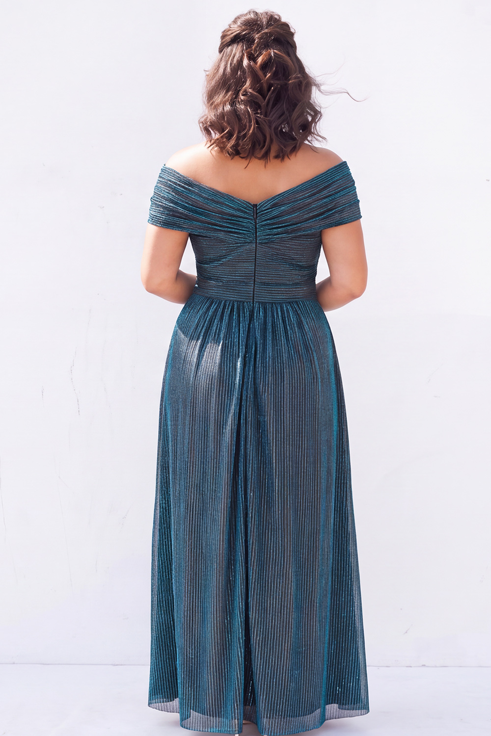 Off the Shoulder Blue A Line Metallic Striped Plus Size Formal Dress