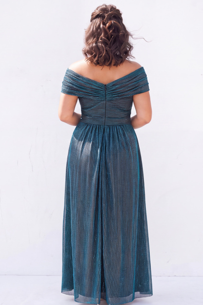 Off the Shoulder Blue A Line Metallic Striped Plus Size Formal Dress