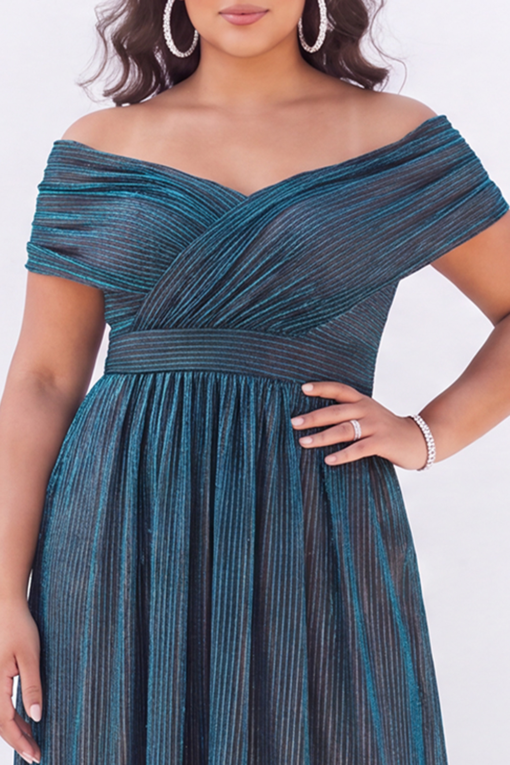 Off the Shoulder Blue A Line Metallic Striped Plus Size Formal Dress