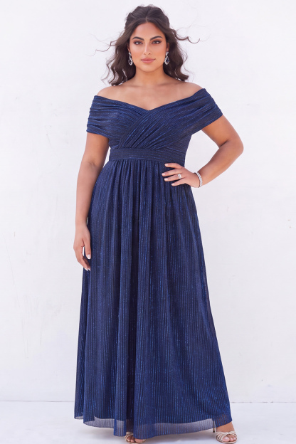 Off the Shoulder Blue A Line Metallic Striped Plus Size Formal Dress