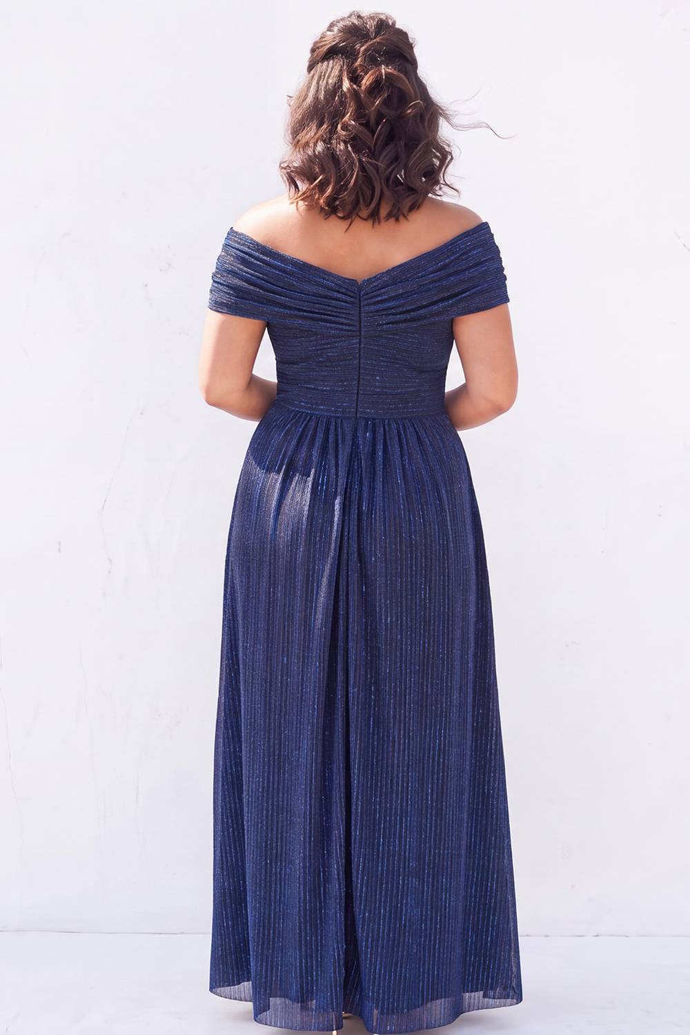 Off the Shoulder Blue A Line Metallic Striped Plus Size Formal Dress