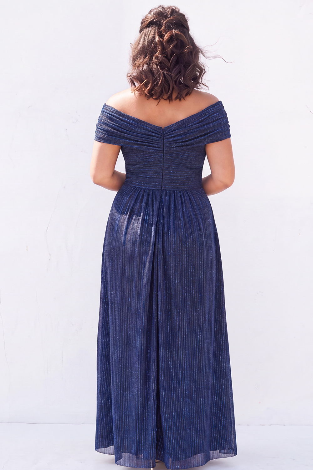 Off the Shoulder Blue A Line Metallic Striped Plus Size Formal Dress