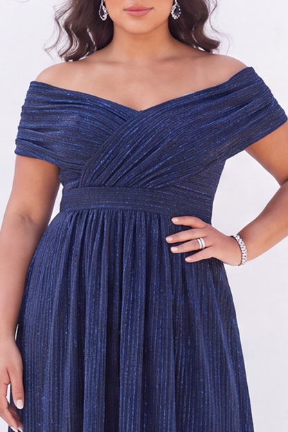 Off the Shoulder Blue A Line Metallic Striped Plus Size Formal Dress