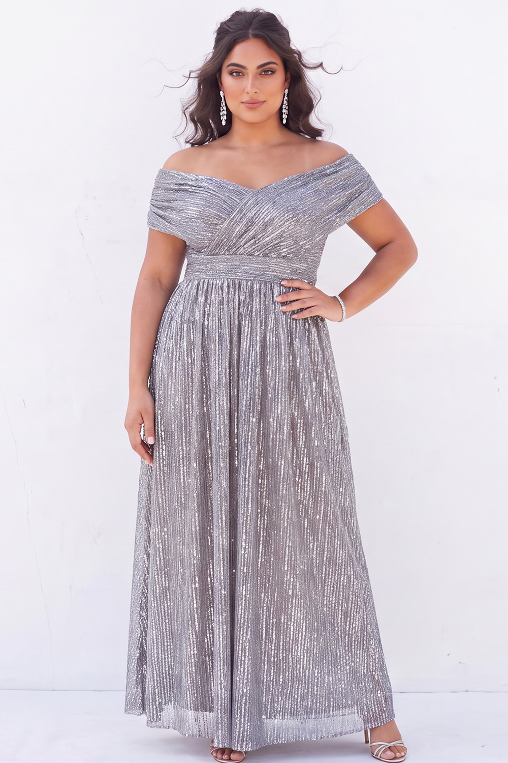 Off the Shoulder Blue A Line Metallic Striped Plus Size Formal Dress