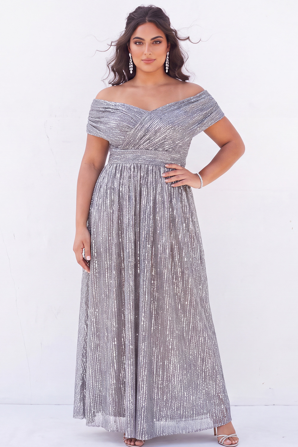 Off the Shoulder Blue A Line Metallic Striped Plus Size Formal Dress