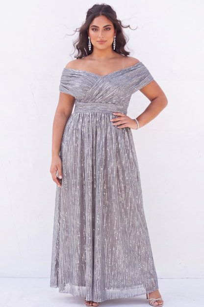 Off the Shoulder Blue A Line Metallic Striped Plus Size Formal Dress