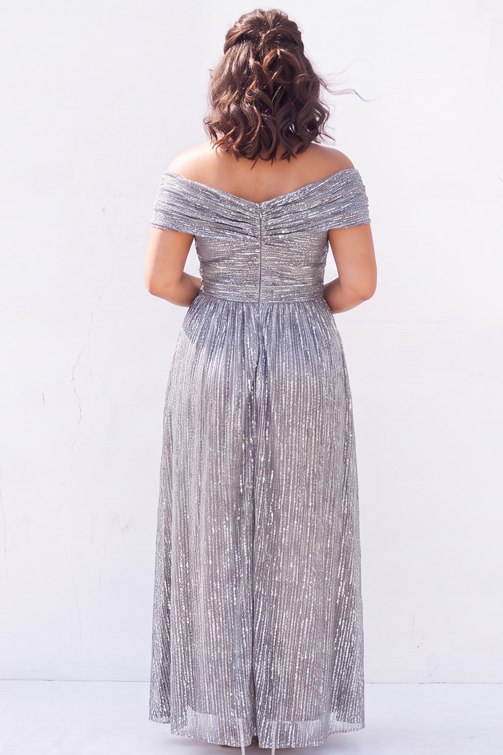 Off the Shoulder Blue A Line Metallic Striped Plus Size Formal Dress