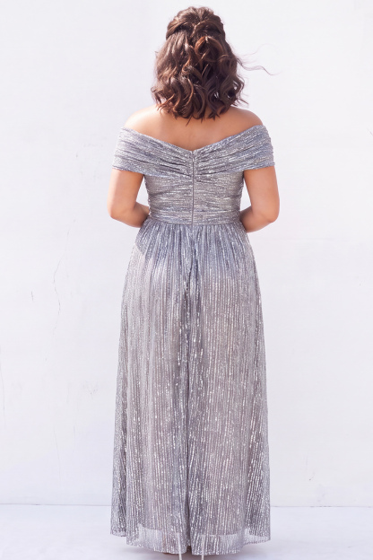 Off the Shoulder Blue A Line Metallic Striped Plus Size Formal Dress