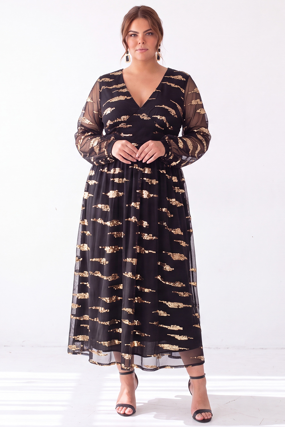 Black Sequin Long Sheer Sleeve A Line Formal Dress