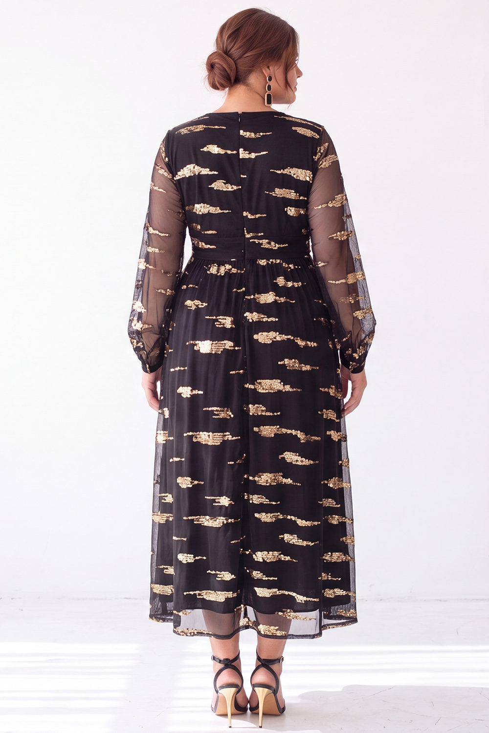 Black Sequin Long Sheer Sleeve A Line Formal Dress