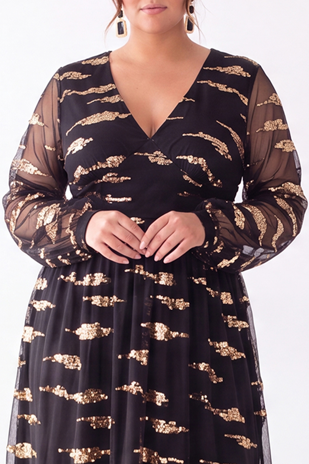 Black Sequin Long Sheer Sleeve A Line Formal Dress