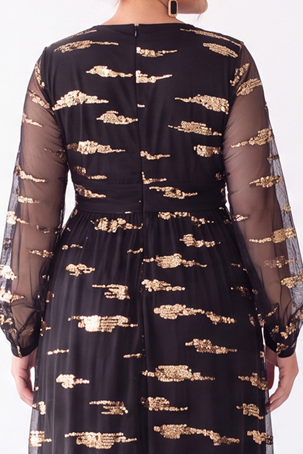 Black Sequin Long Sheer Sleeve A Line Formal Dress