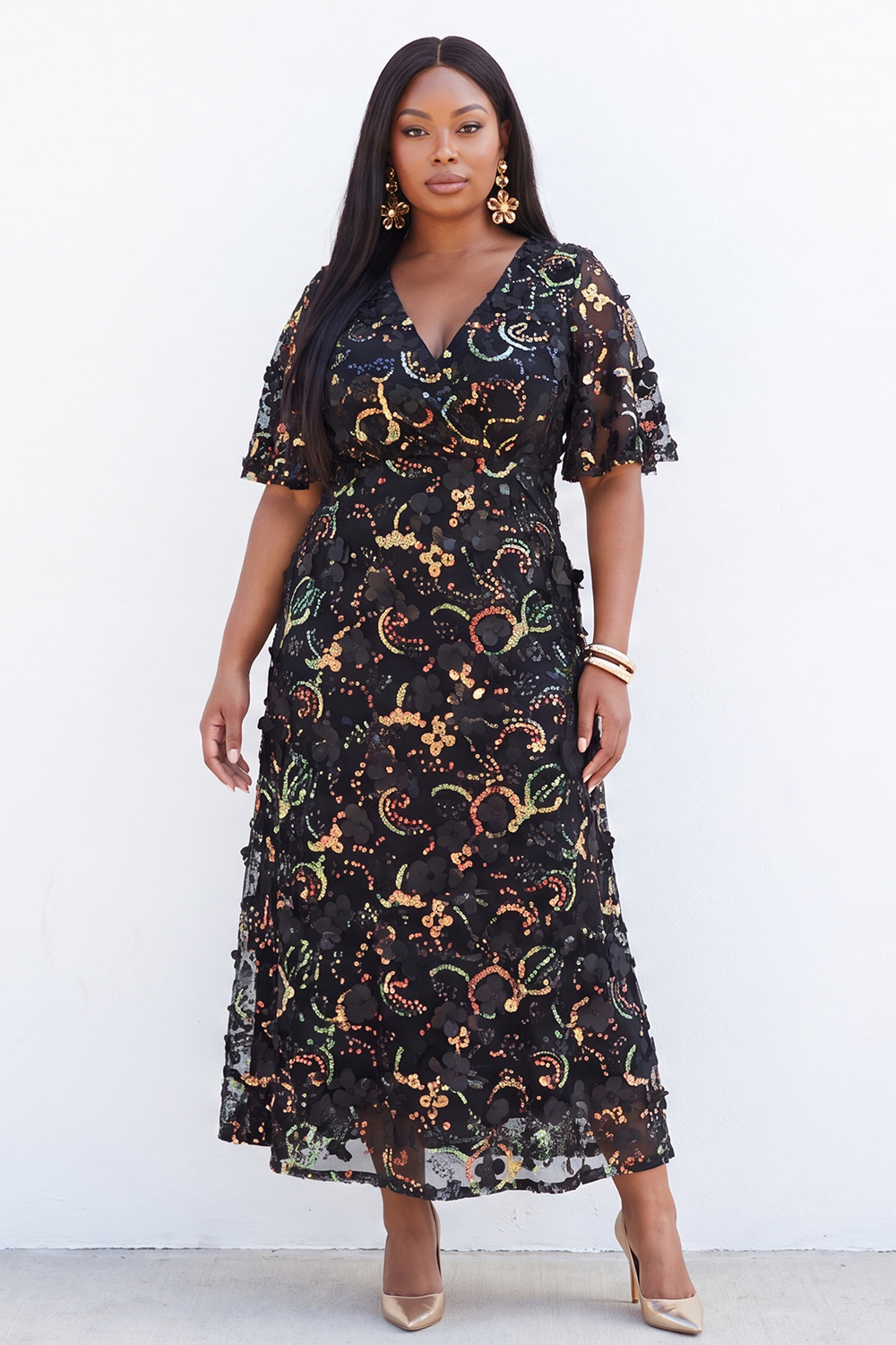 Plus Size Black 3D Floral Sequin A Line Formal Dress