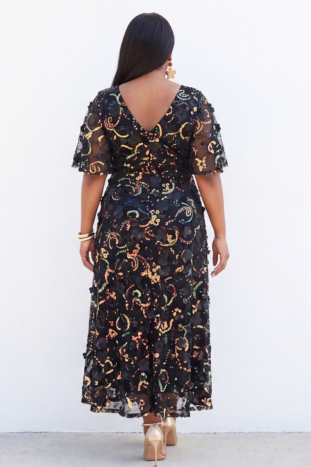 Plus Size Black 3D Floral Sequin A Line Formal Dress