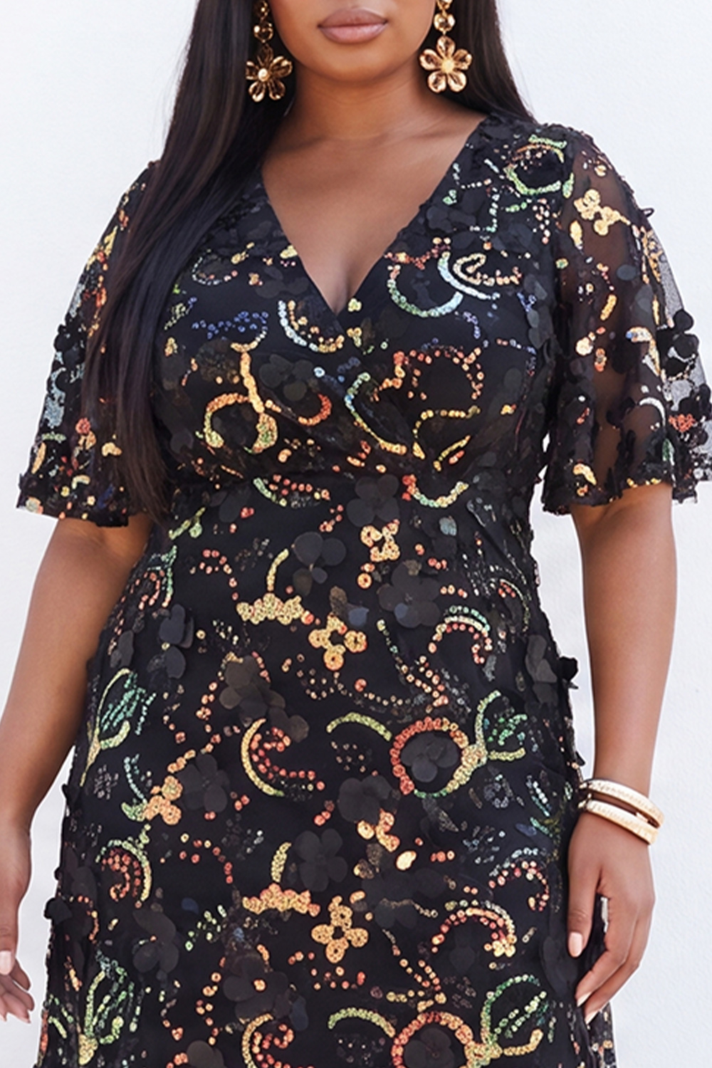 Plus Size Black 3D Floral Sequin A Line Formal Dress