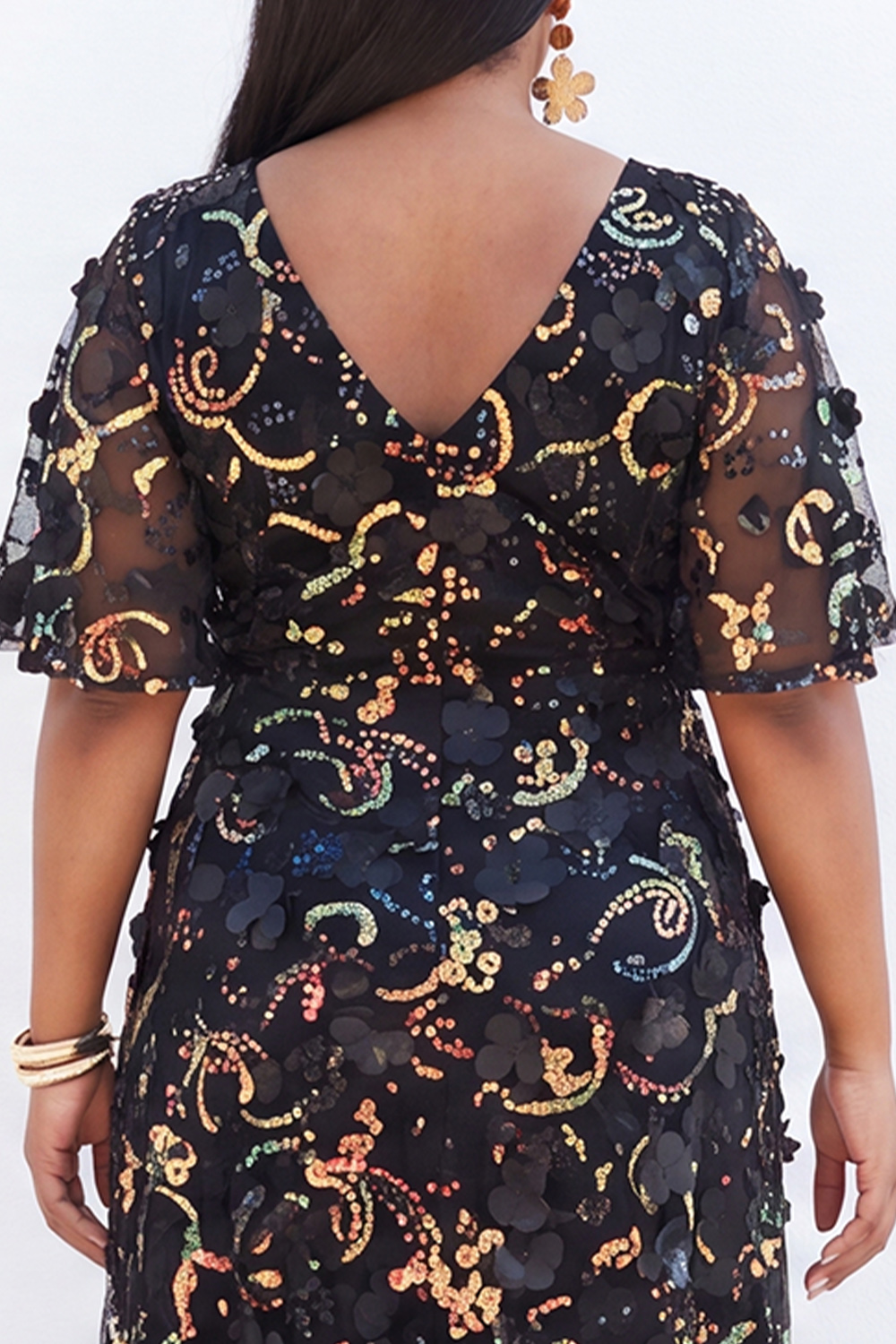 Plus Size Black 3D Floral Sequin A Line Formal Dress