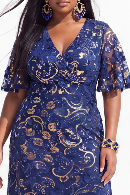 Plus Size Black 3D Floral Sequin A Line Formal Dress