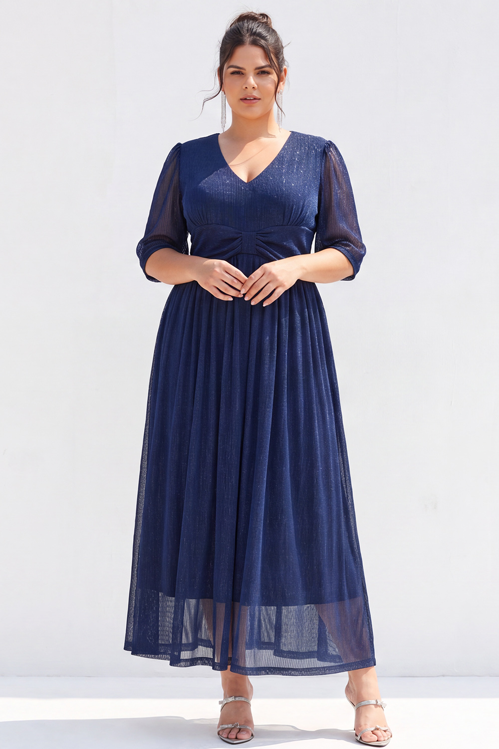 Dressself Women Plus Size Navy Mother of the Bride Dress A Line V Neck Long Wedding Guest Dress with Short Sleeves
