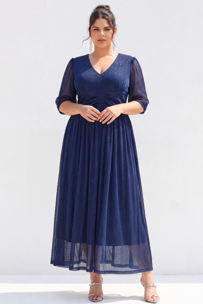 Dressself Women Plus Size Navy Mother of the Bride Dress A Line V Neck Long Wedding Guest Dress with Short Sleeves