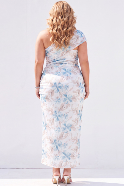 Green One Shoulder Floral Pencil Plus Size Maxi Dress