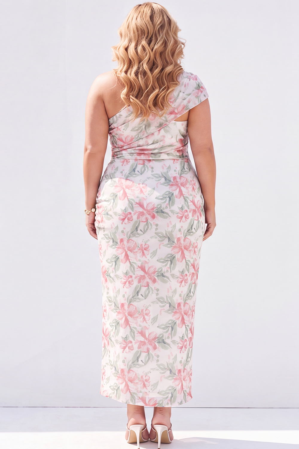 Green One Shoulder Floral Pencil Plus Size Maxi Dress