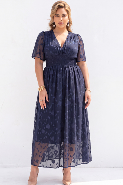 Dressself Women Plus Size Navy Long Mother of the Bride Dress A Line V Neck Floral Wedding Guest Dress with Short Sleeves