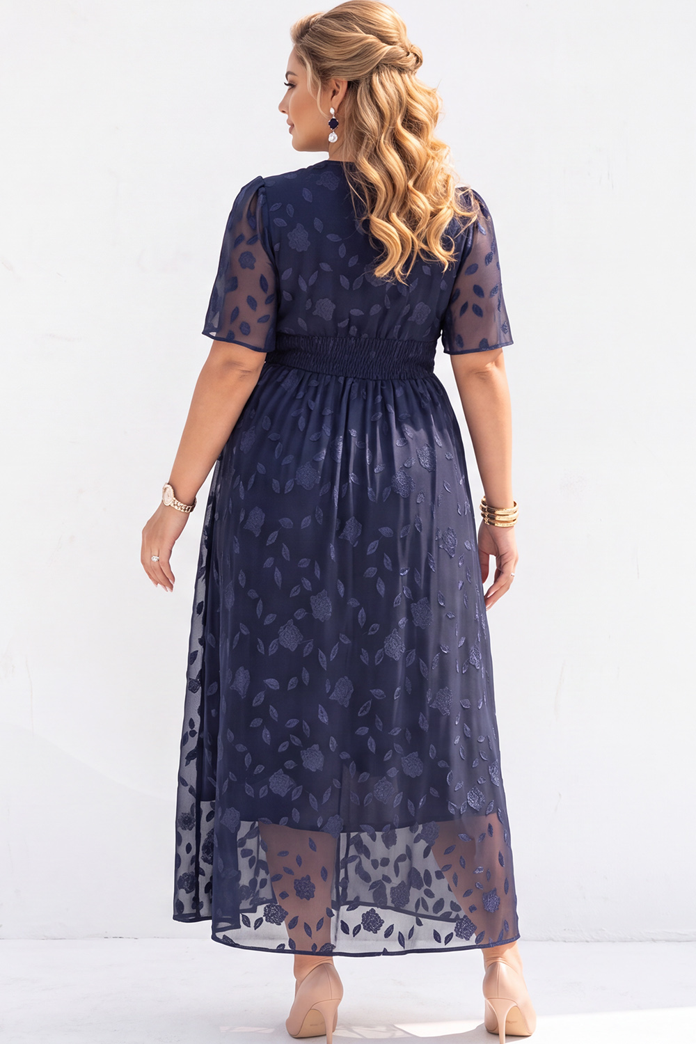 Plus Size Navy A Line V Neck Floral Long Mother of the Bride Dress