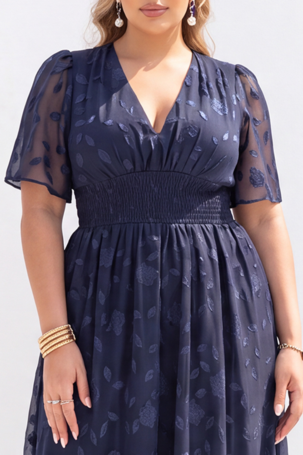 Plus Size Navy A Line V Neck Floral Long Mother of the Bride Dress