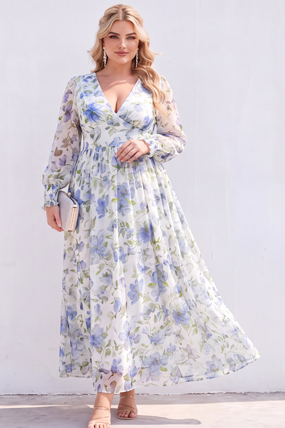 Blue Printed Floral Long Sleeve A Line Plus Size Wedding Guest Dress