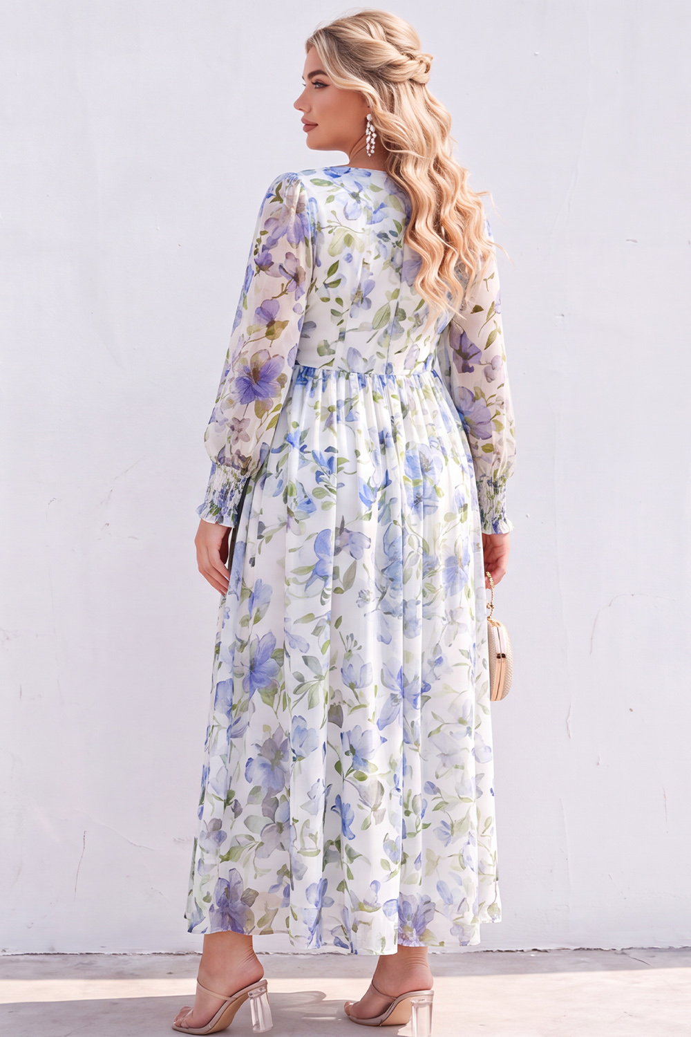 Blue Printed Floral Long Sleeve A Line Plus Size Wedding Guest Dress