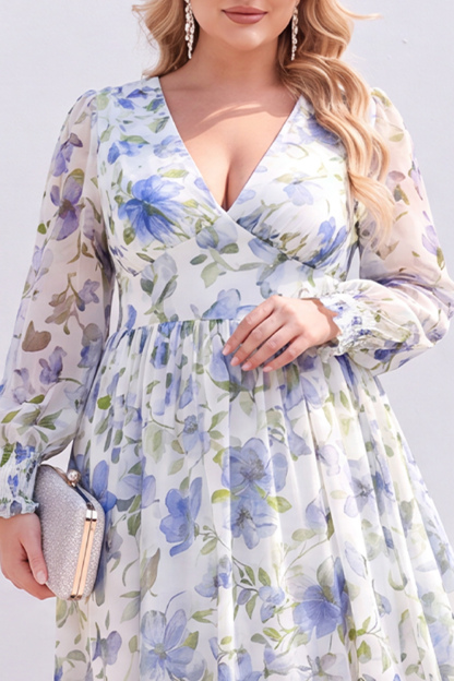 Blue Printed Floral Long Sleeve A Line Plus Size Wedding Guest Dress
