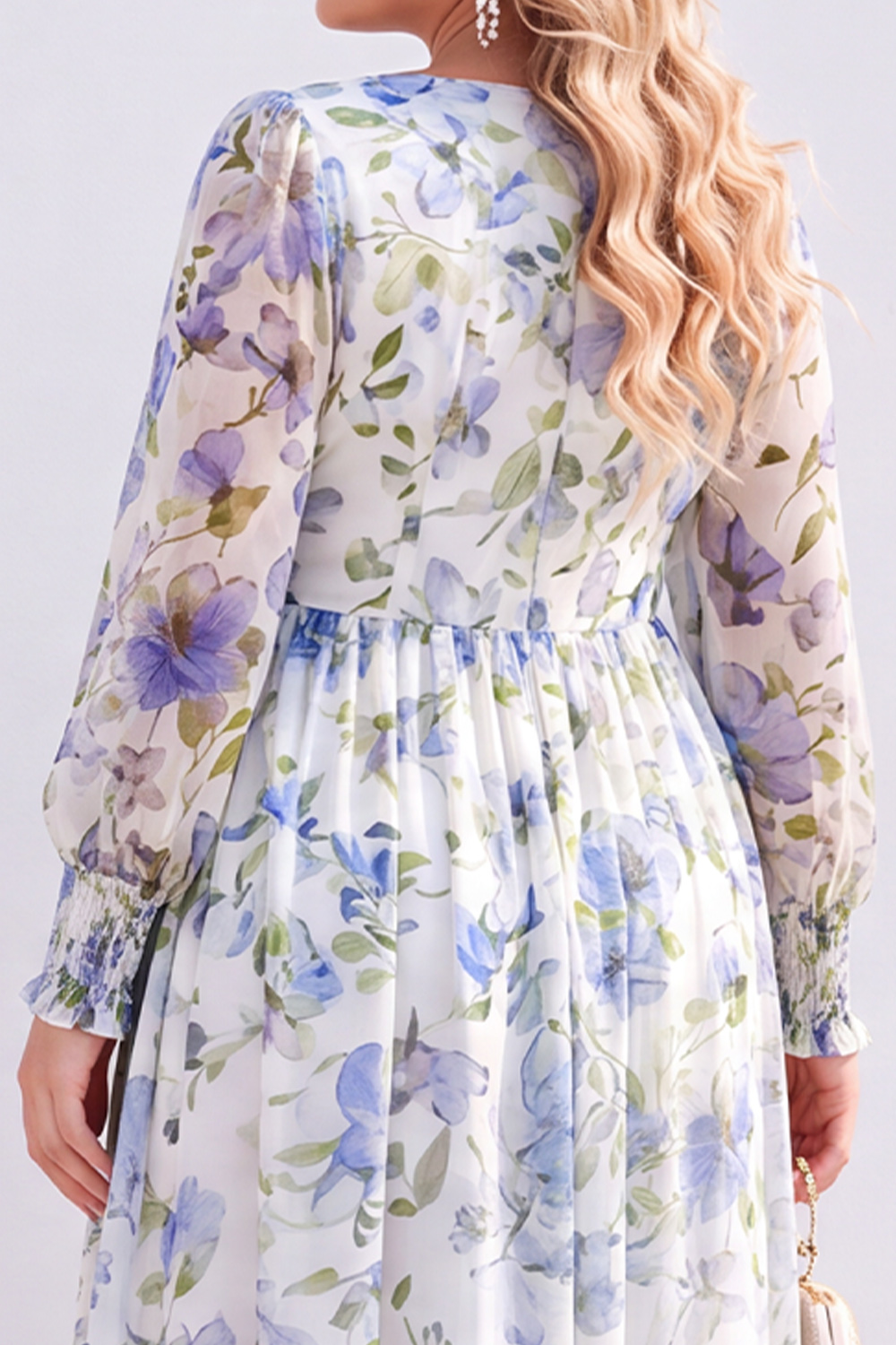 Blue Printed Floral Long Sleeve A Line Plus Size Wedding Guest Dress