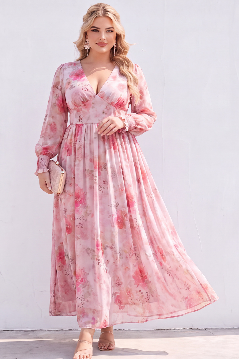 Blue Printed Floral Long Sleeve A Line Plus Size Wedding Guest Dress
