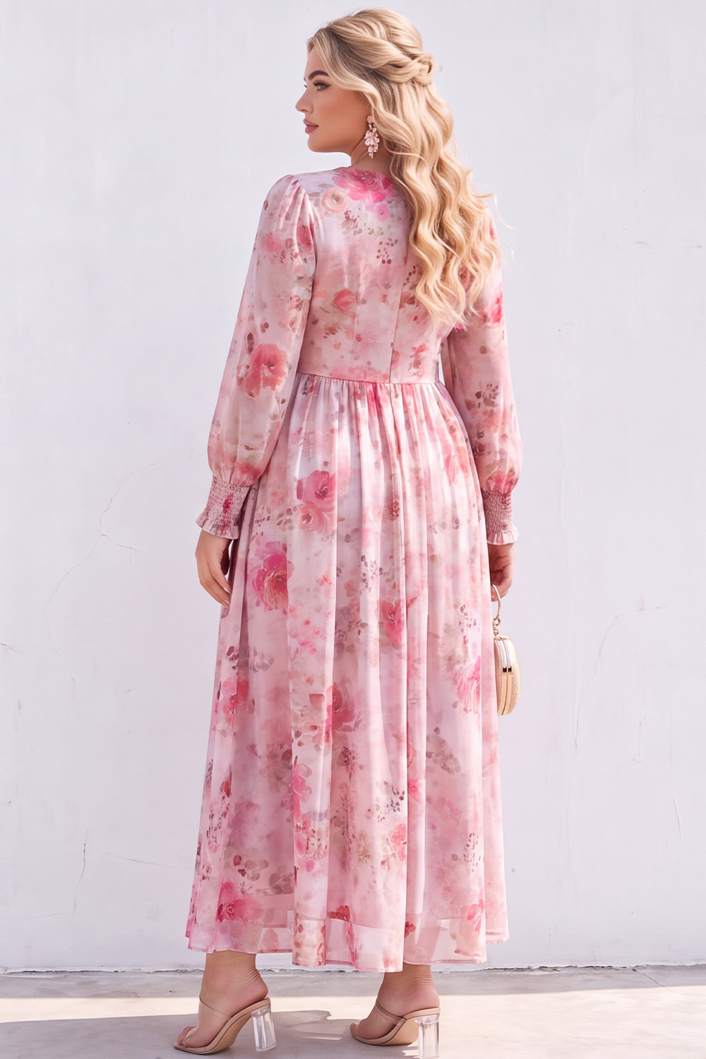 Blue Printed Floral Long Sleeve A Line Plus Size Wedding Guest Dress