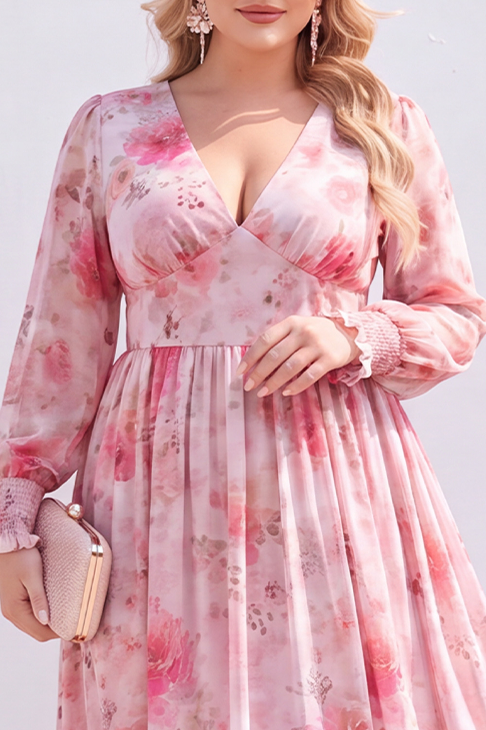 Blue Printed Floral Long Sleeve A Line Plus Size Wedding Guest Dress