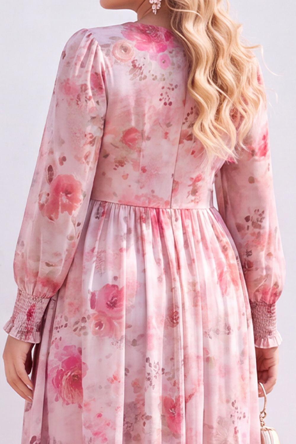 Blue Printed Floral Long Sleeve A Line Plus Size Wedding Guest Dress