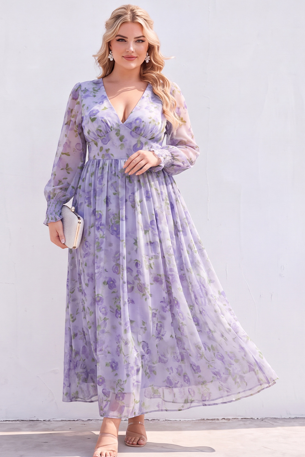 Blue Printed Floral Long Sleeve A Line Plus Size Wedding Guest Dress