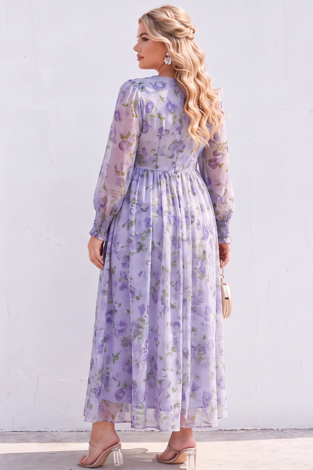 Blue Printed Floral Long Sleeve A Line Plus Size Wedding Guest Dress