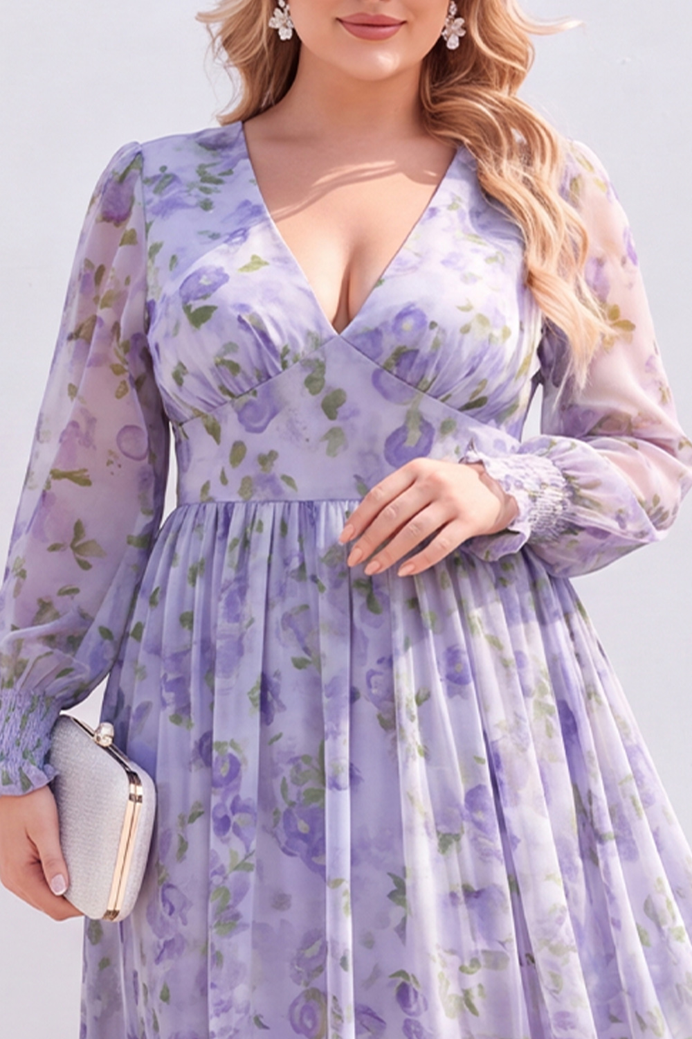 Blue Printed Floral Long Sleeve A Line Plus Size Wedding Guest Dress