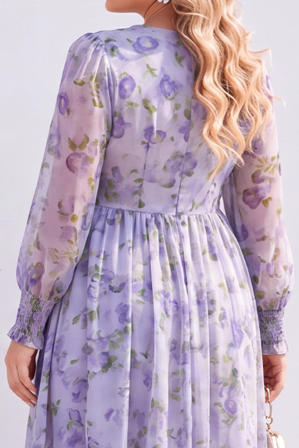 Blue Printed Floral Long Sleeve A Line Plus Size Wedding Guest Dress