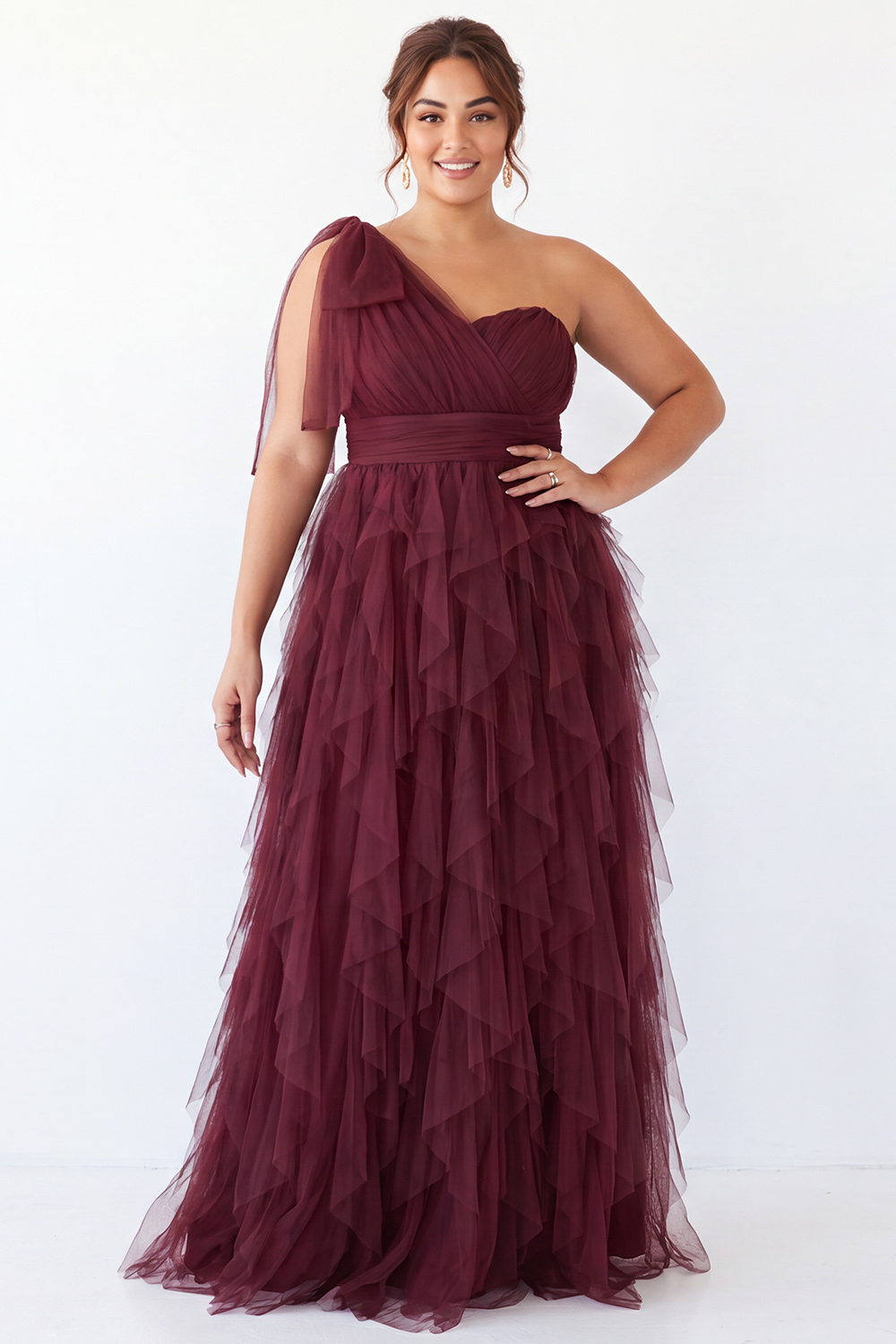 Dressself Women Plus Size Burgundy Maxi Dress One Shoulder A Line Ruffled Wedding Guest Dress with Bow