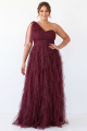Plus Size Burgundy One Shoulder A Line Ruffled Maxi Dress
