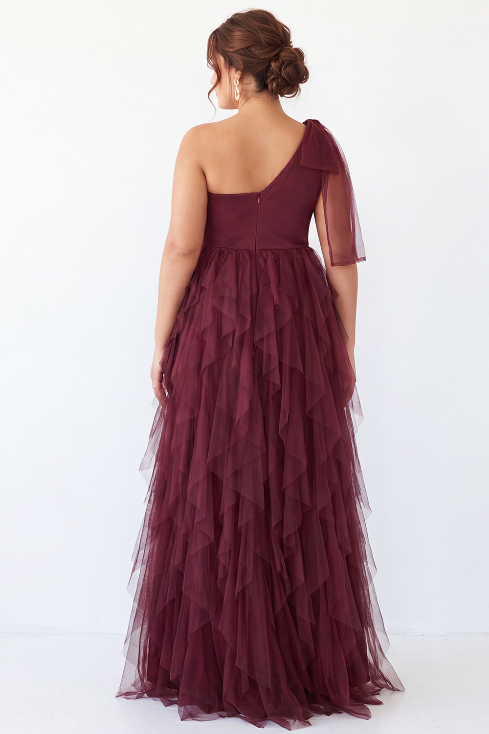 Plus Size Burgundy One Shoulder A Line Ruffled Maxi Dress