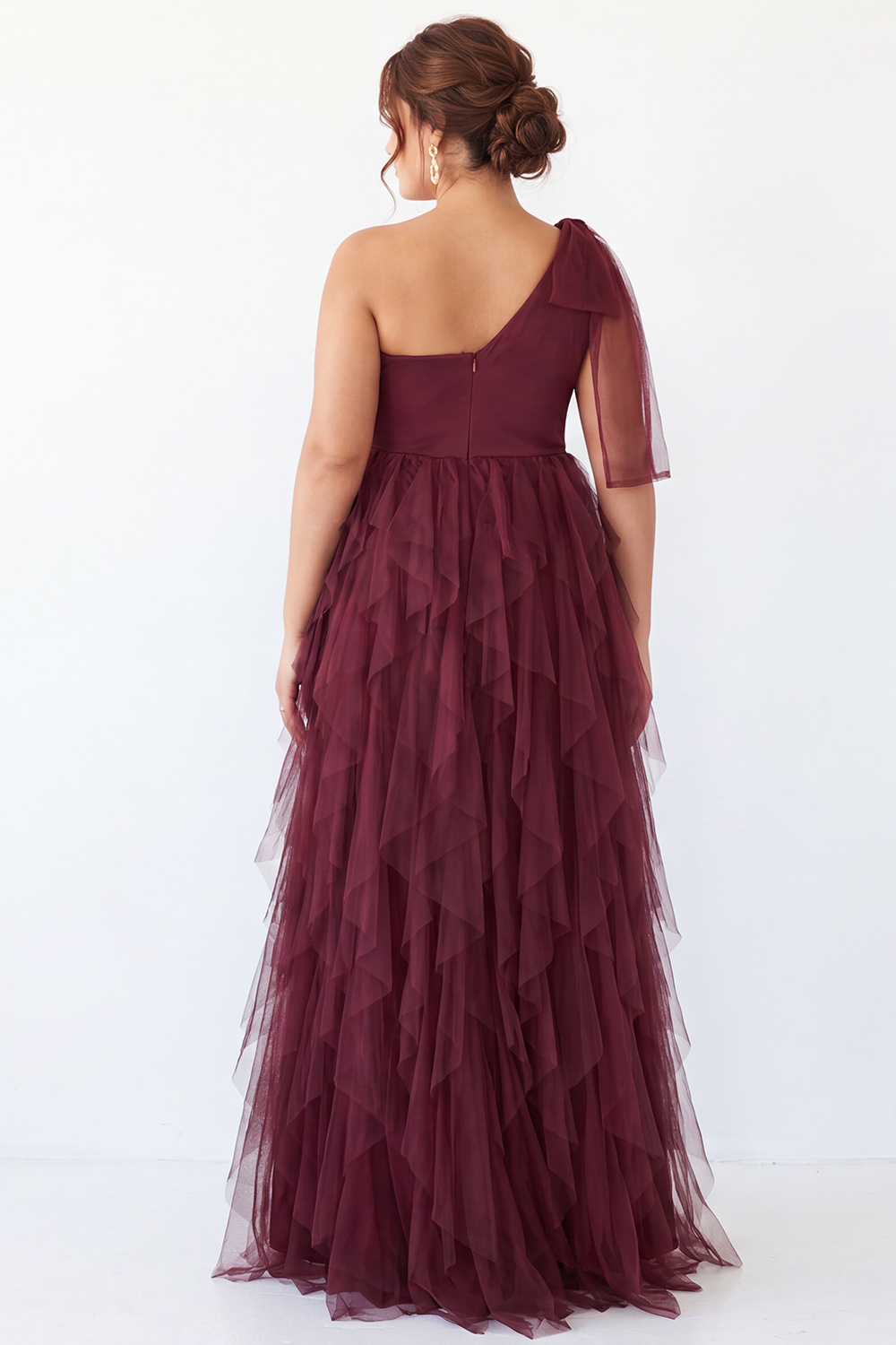Plus Size Burgundy One Shoulder A Line Ruffled Maxi Dress