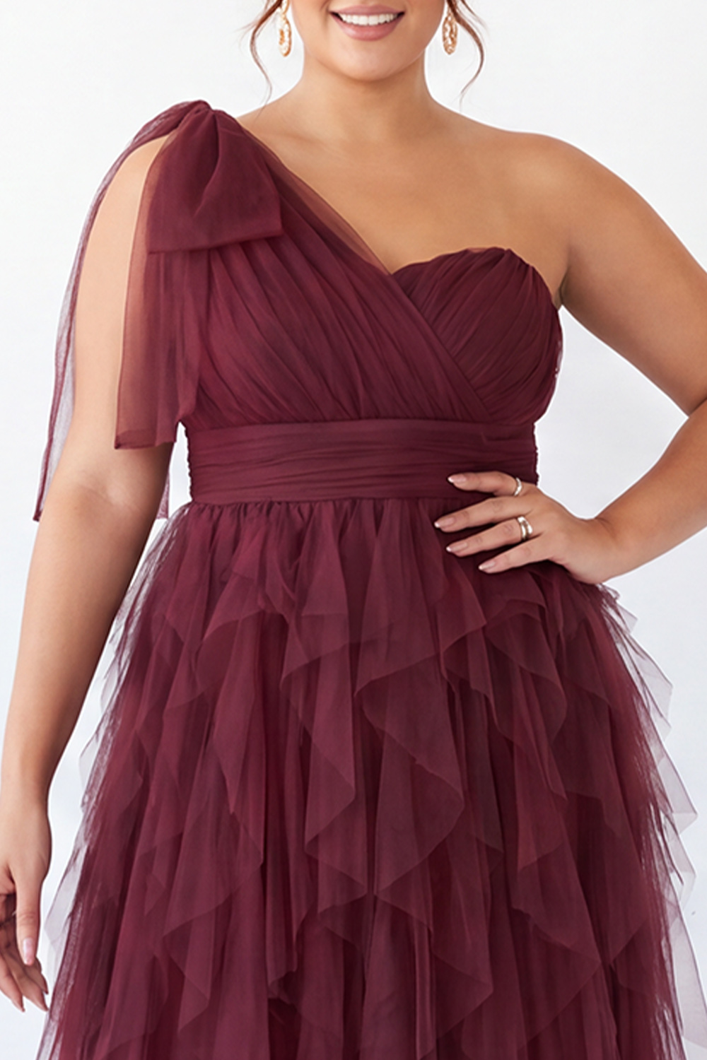 Plus Size Burgundy One Shoulder A Line Ruffled Maxi Dress