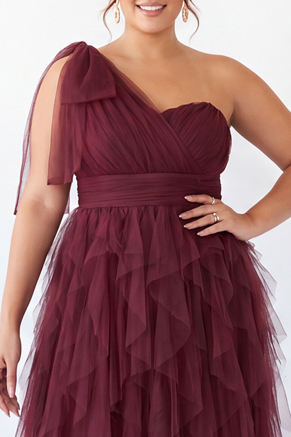 Plus Size Burgundy One Shoulder A Line Ruffled Maxi Dress