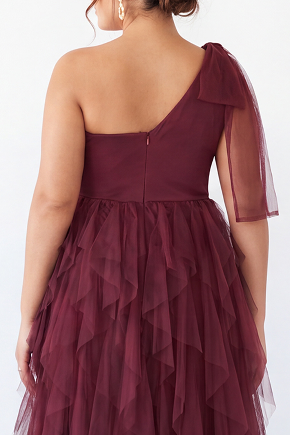 Plus Size Burgundy One Shoulder A Line Ruffled Maxi Dress